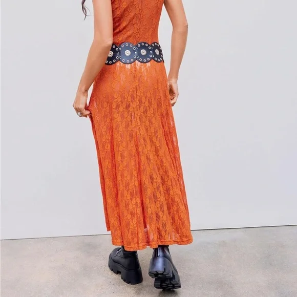 🧡Brand New SEXY Burnt Orange Lace Sheer V Neck Dress🧡 - Picture 3 of 4